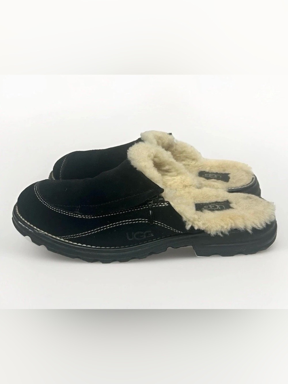 Ugg Shearling Mule Clog Women 9 Black Suede Shearling Slip On Comfort Cozy Warm